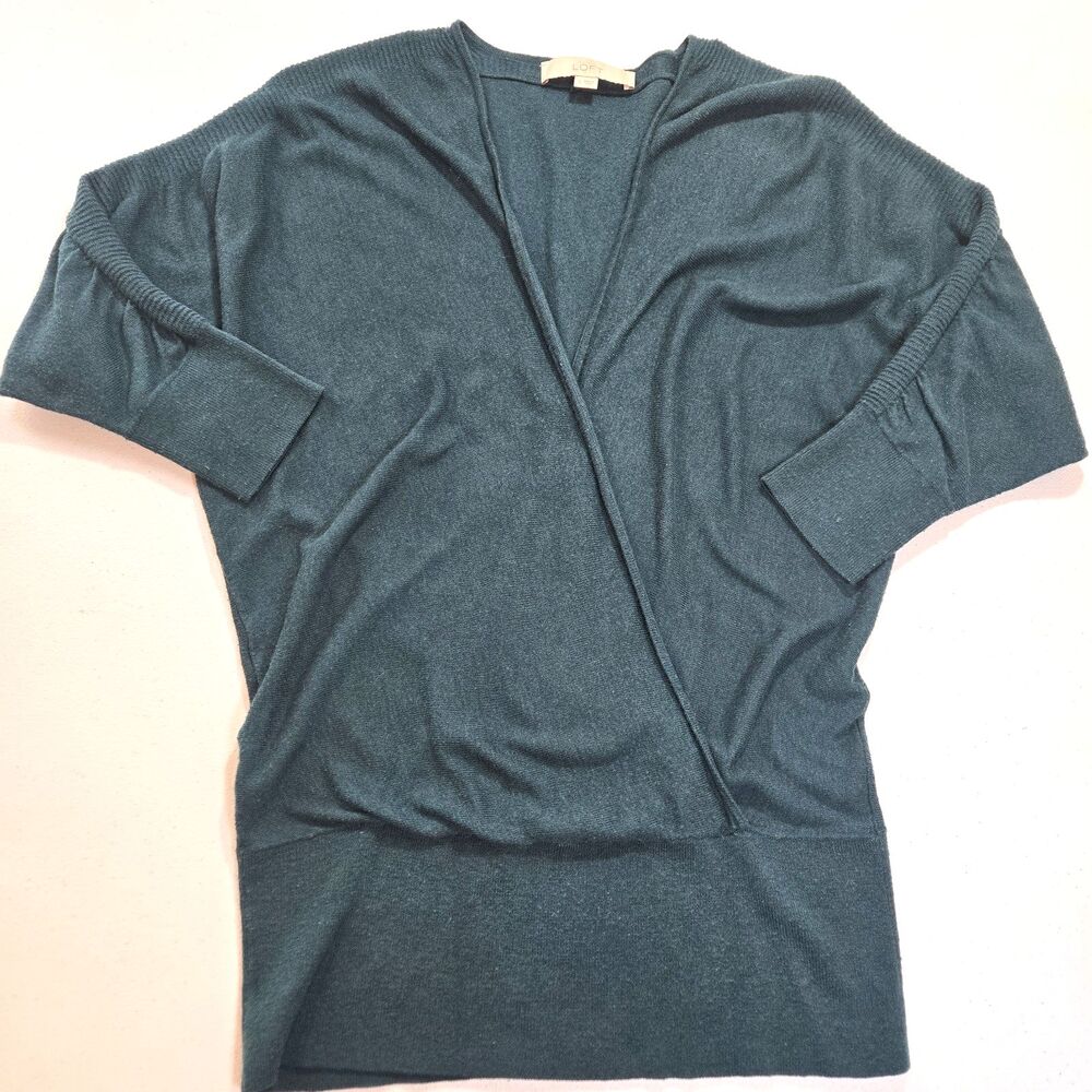 Loft Green Wrap Around Top 3/4 Rouched Sleeves Wide Waistband Women's Small S